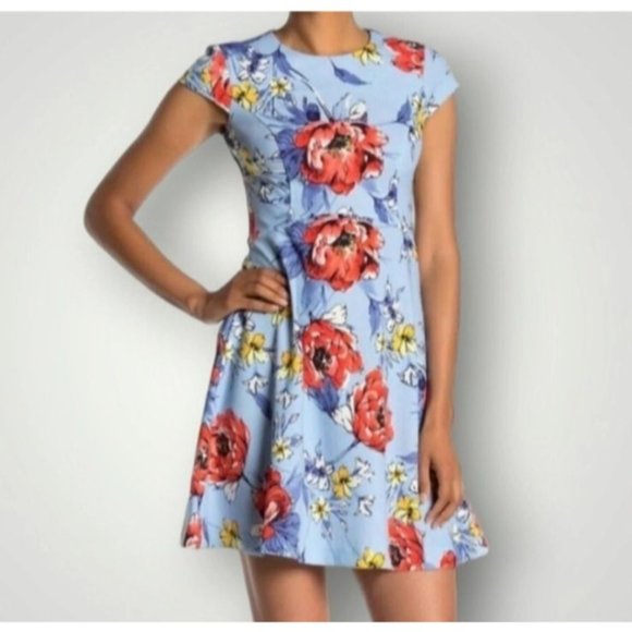 Vince Camuto Dress 12 Blue Orange Floral Stretch Short Sleeve Washable NEW - Picture 7 of 13